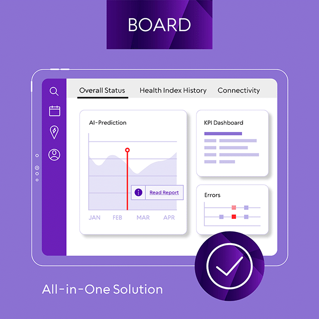 Grafische Darstellung Produkt 'BOARD' von evailable.ai, dem Anbieter für KI-gestützte Technologie um Ihr Ladenetz für E-Mobile ausfallsicher zu gestalten.