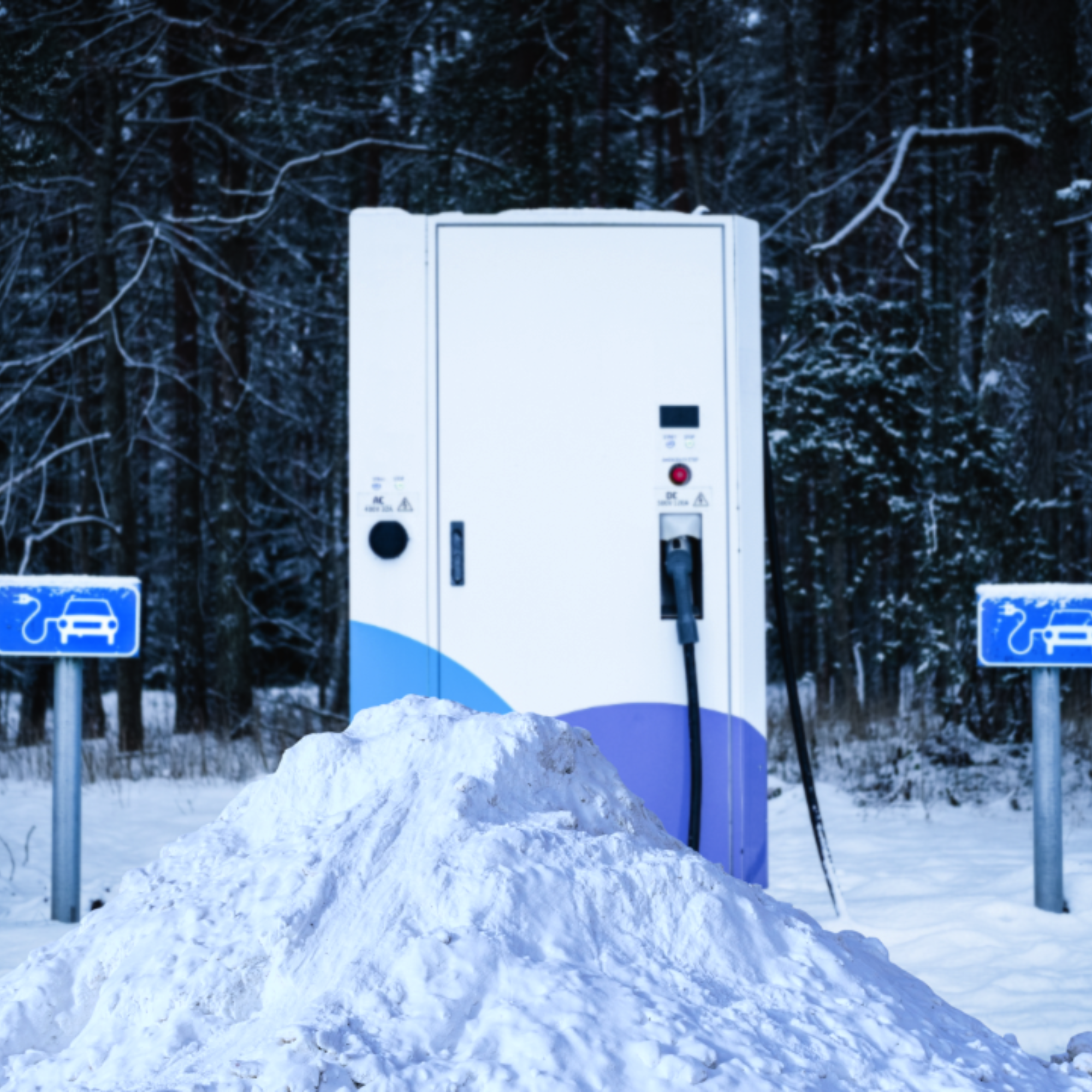 EV charging station monitored by Evailable for electric vehicles snowed in during winter.