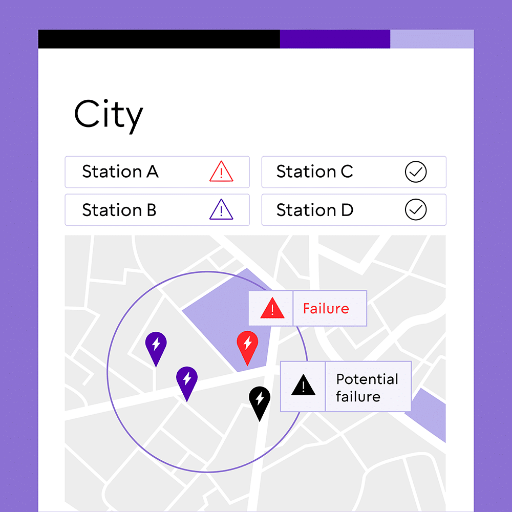 EV-Lade-Infrastruktur-Überwachung mit KI-gestützter Evailable-Software zeigt Ausschnitt einer Straßenkarte und Standorte und technische Verfügbarkeit von EV-Ladesäulen.