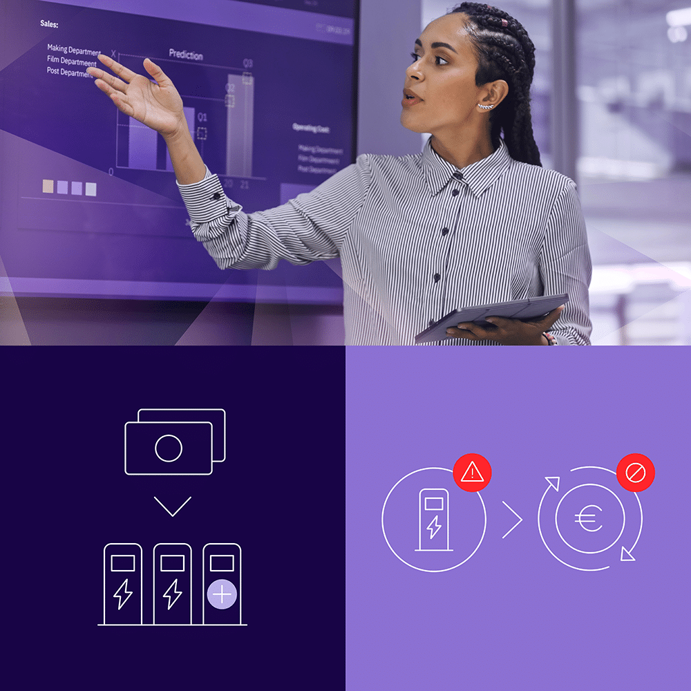 Evailable EV Charging Solutions. Four-part header image shows graphic elements of the charging infrastructure and its monitoring as well as a woman explaining a chart on a screen.