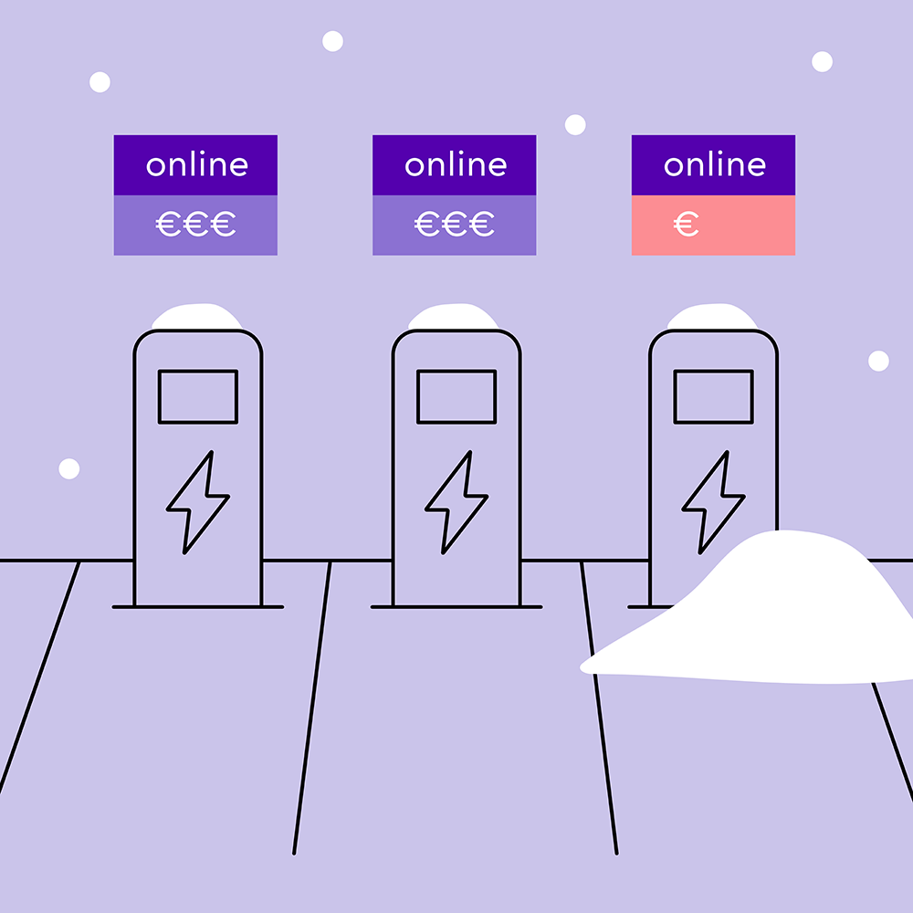 Symbolische grafische Darstellung mit Software von Evailable zur Verfügbarkeits einer EV-Ladeinfrastruktur im Winter bei Schneefall.