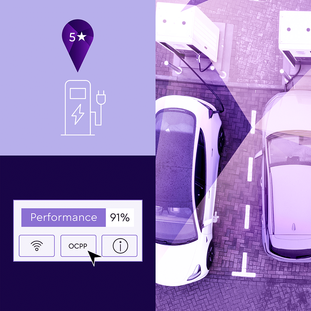 Evailable EV Charging Solutions. Three-part header image shows graphic elements of the charging infrastructure and its monitoring as well as parked electric vehicles charging at a charging station.