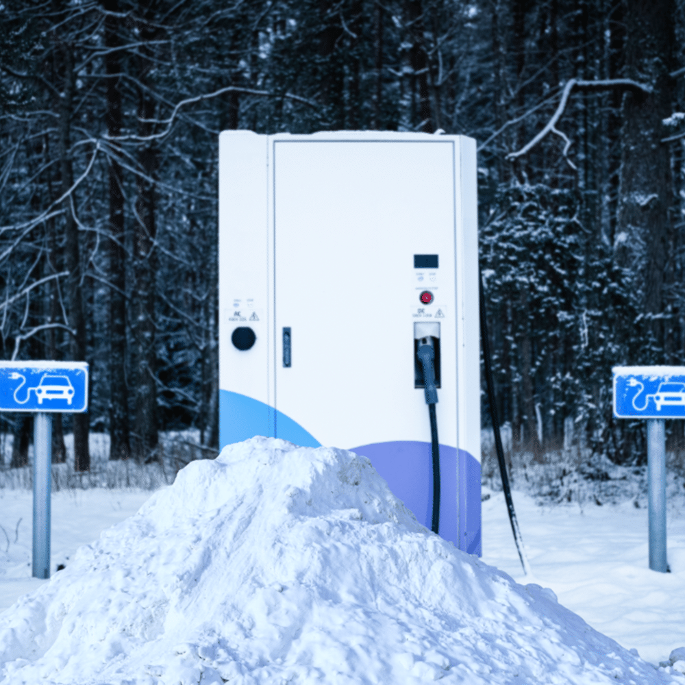 Mit Evailable überwachte EV Ladesäule für Elektro-Fahrzeug im Winter eingeschneit.